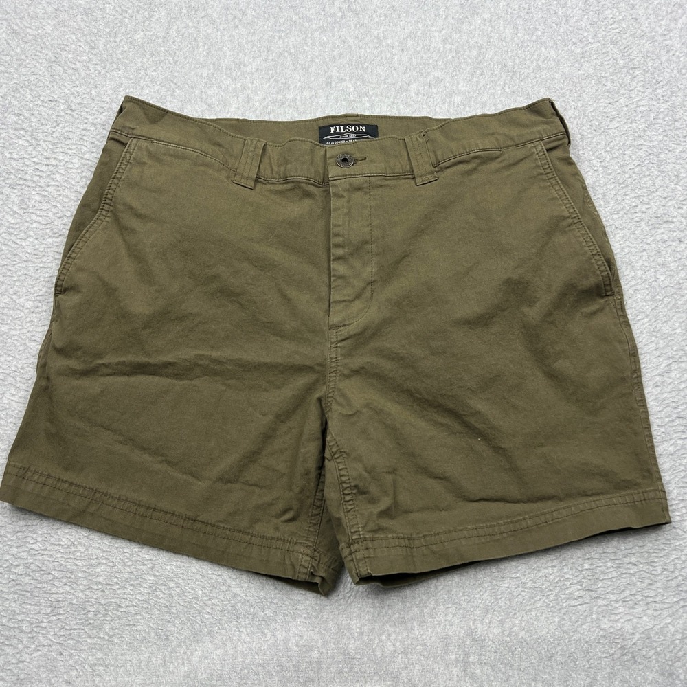 Filson Granite Mountain 6" Shorts Mens 34 Olive Brown Stretch Cotton Retro Chino